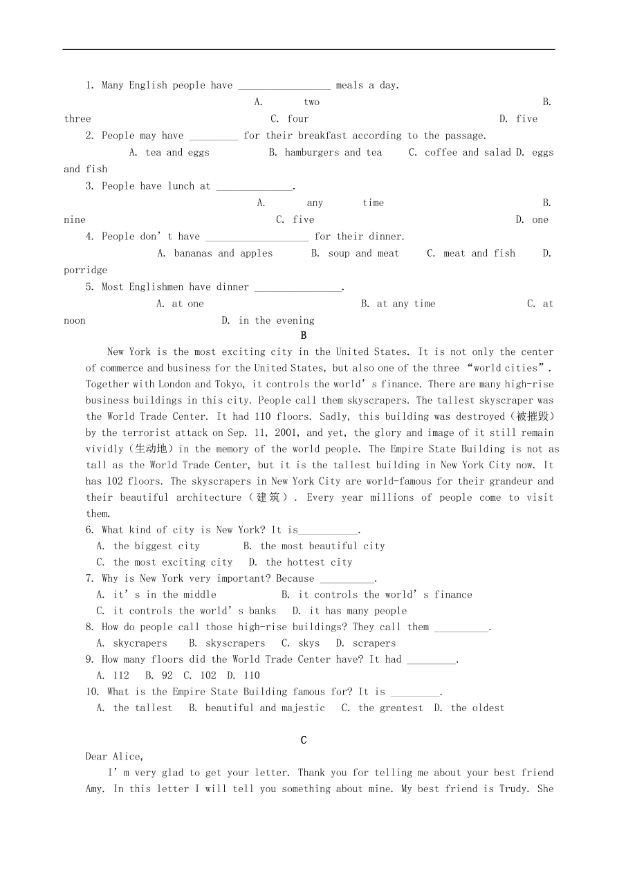 仁爱版七年级英语上册Review of Units 3-4巩固练习及答案