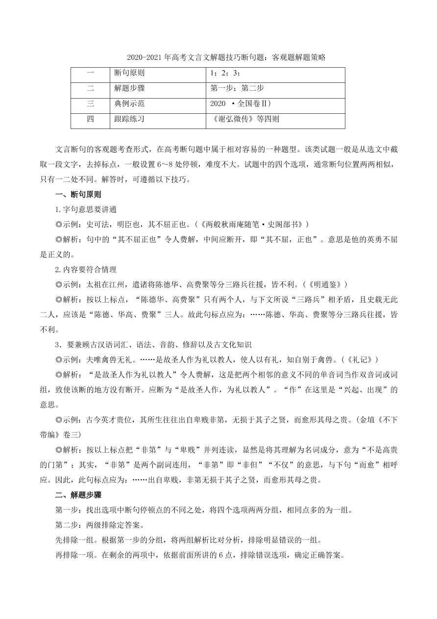 2020-2021年高考文言文解题技巧断句题：客观题解题策略