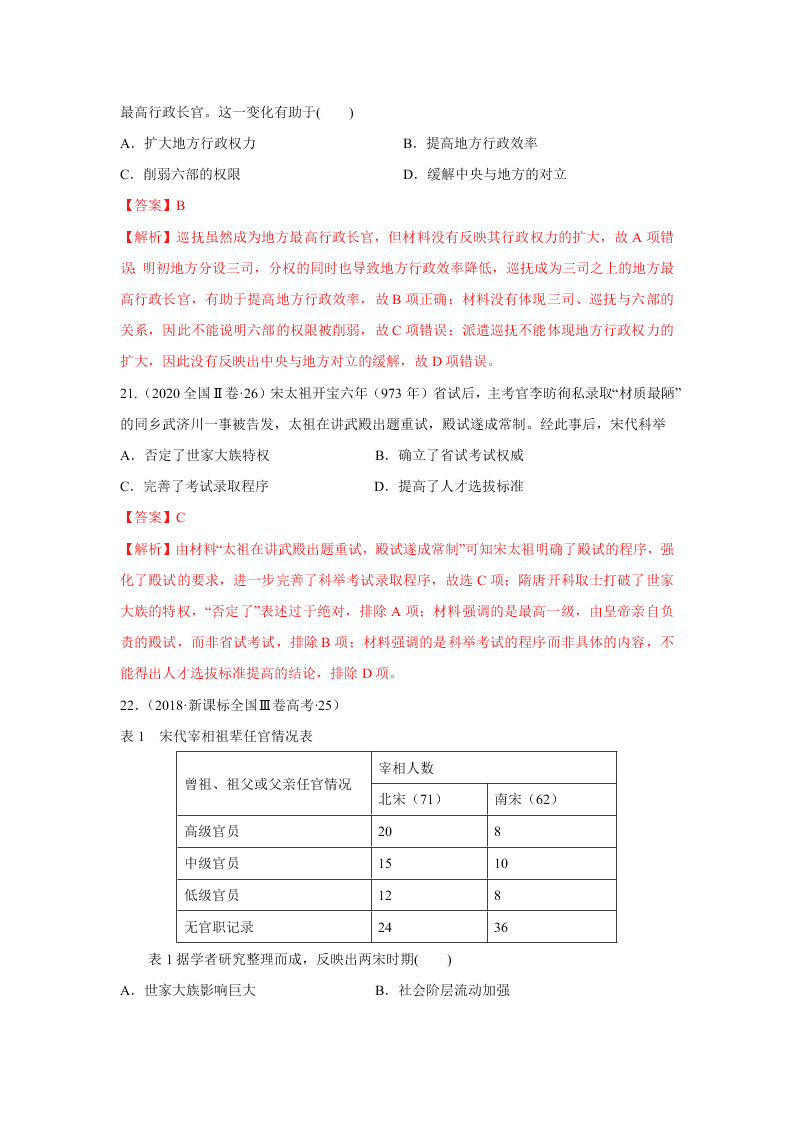 2020-2021年高考历史一轮单元复习真题训练 第一单元 古代中国的政治制度