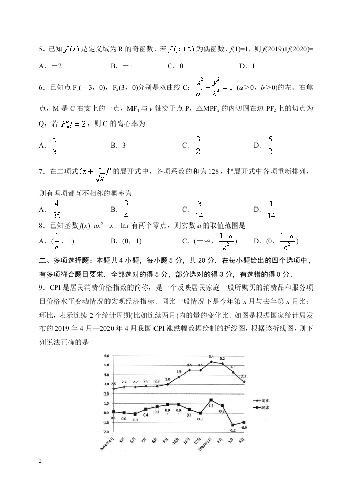 山东省实验中学2020届高三数学6月模拟试题（Word版附答案）