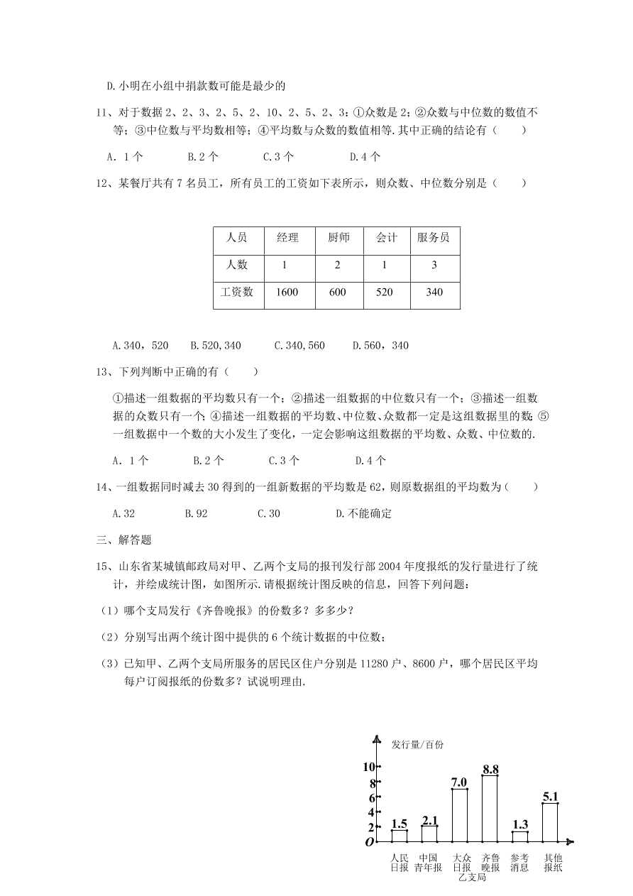 北师大版八年级数学上册第6章《数据的分析》练习题