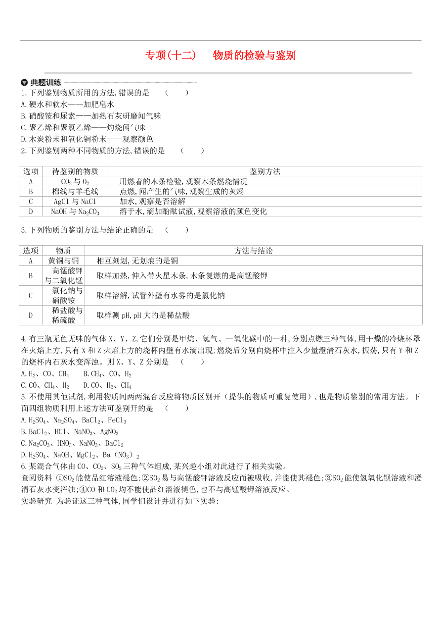 中考化学专项复习专题十二 物质的检验与鉴别练习