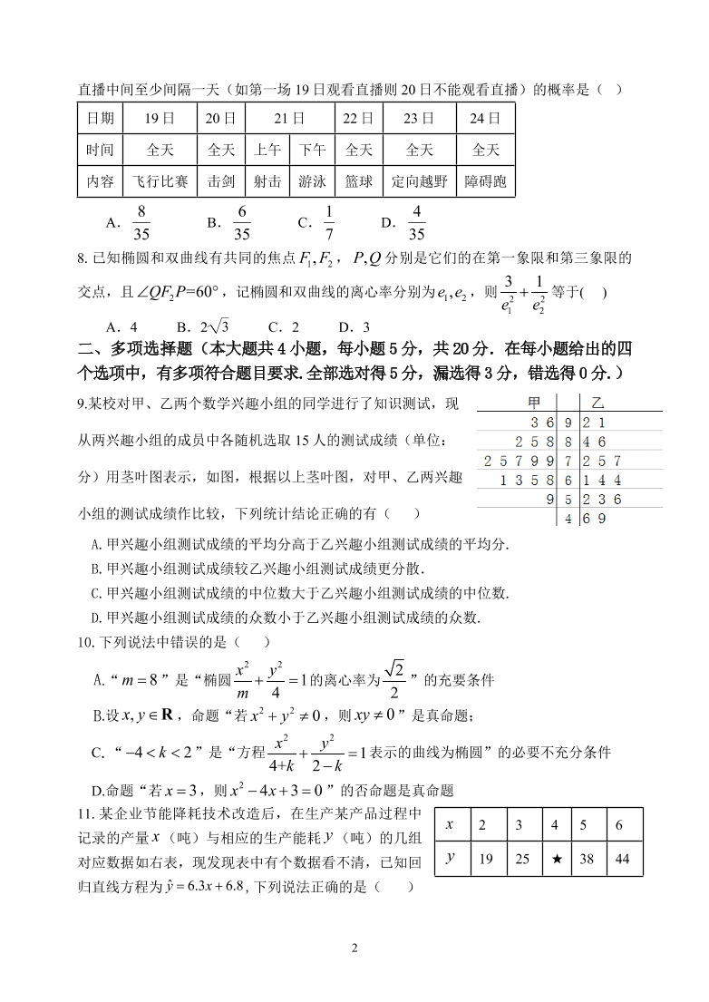 福建省福州市八县市一中2020-2021高二数学上学期期中联考试题（Word版附答案）