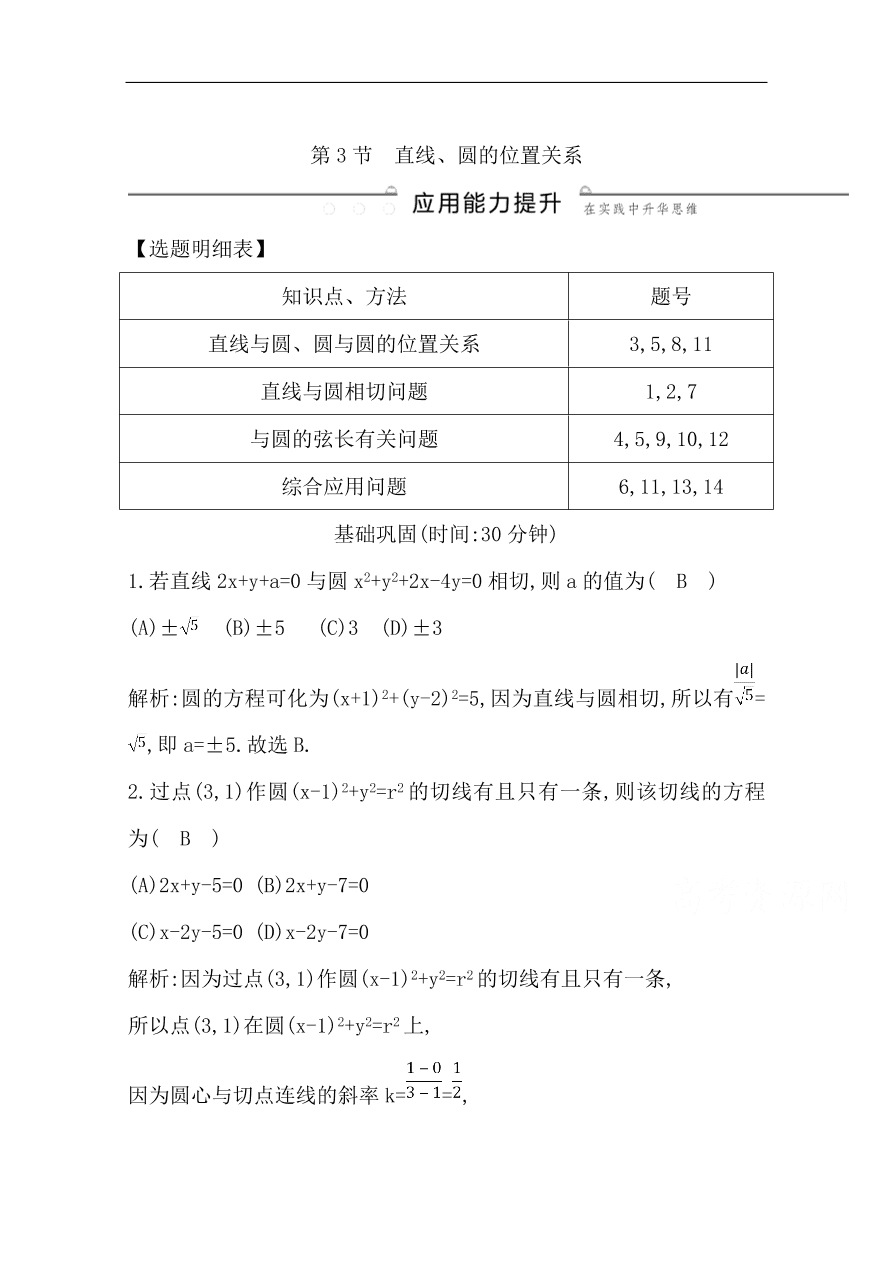 高中导与练一轮复习理科数学必修2习题 第八篇 第3节 直线、圆的位置关系（含答案）