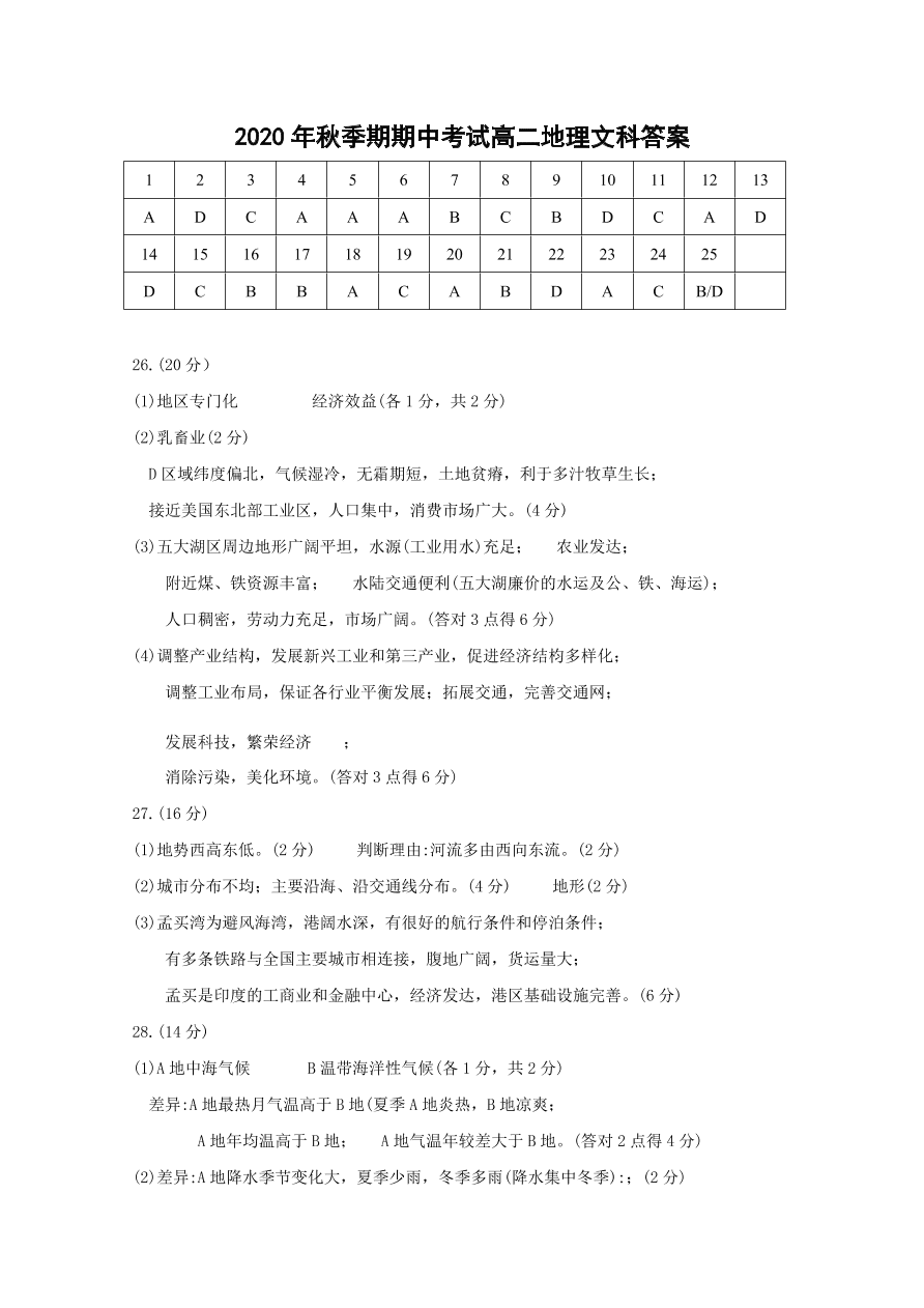 广西岑溪市2020-2021高二地理上学期期中试题（Word版附答案）