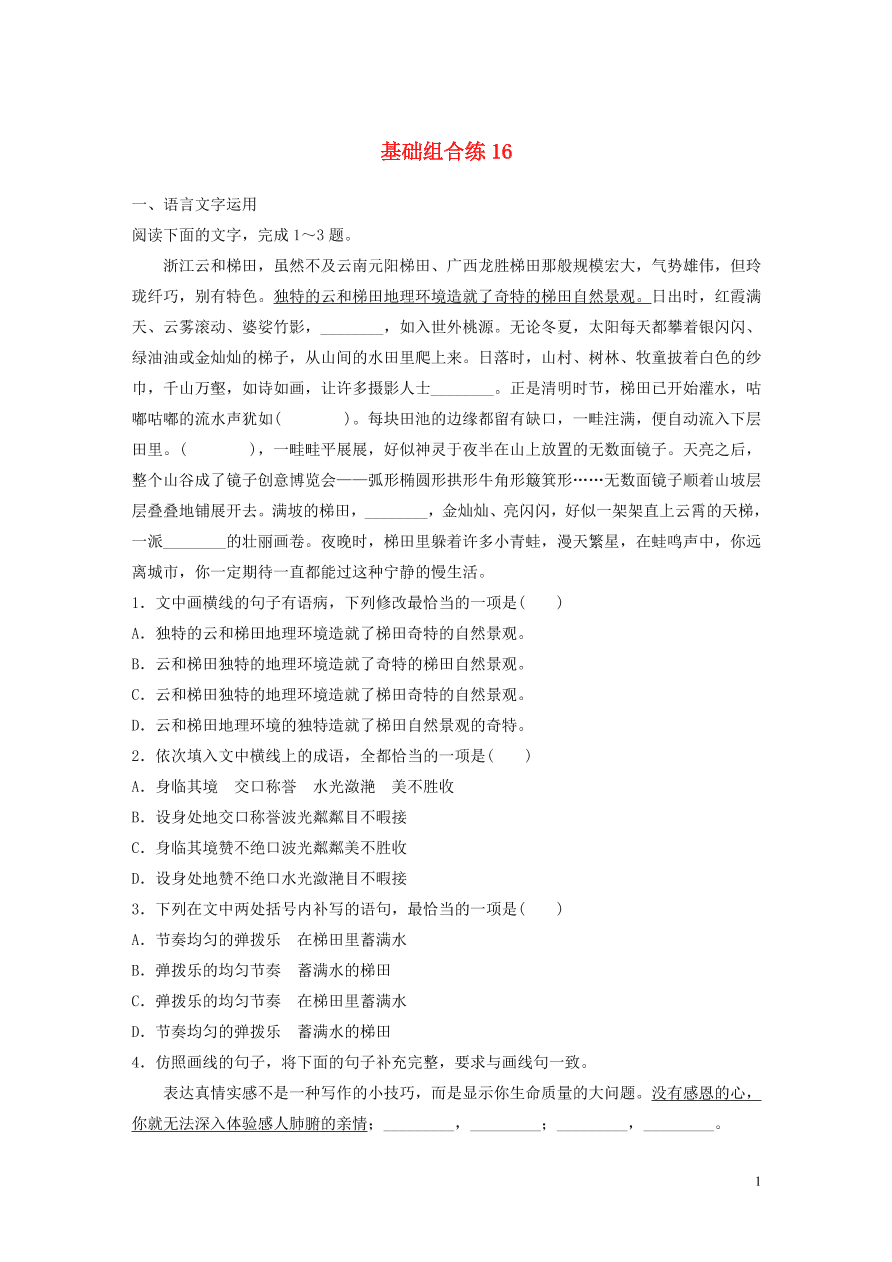 2020版高考语文一轮复习基础突破第二轮基础组合练16（含答案）