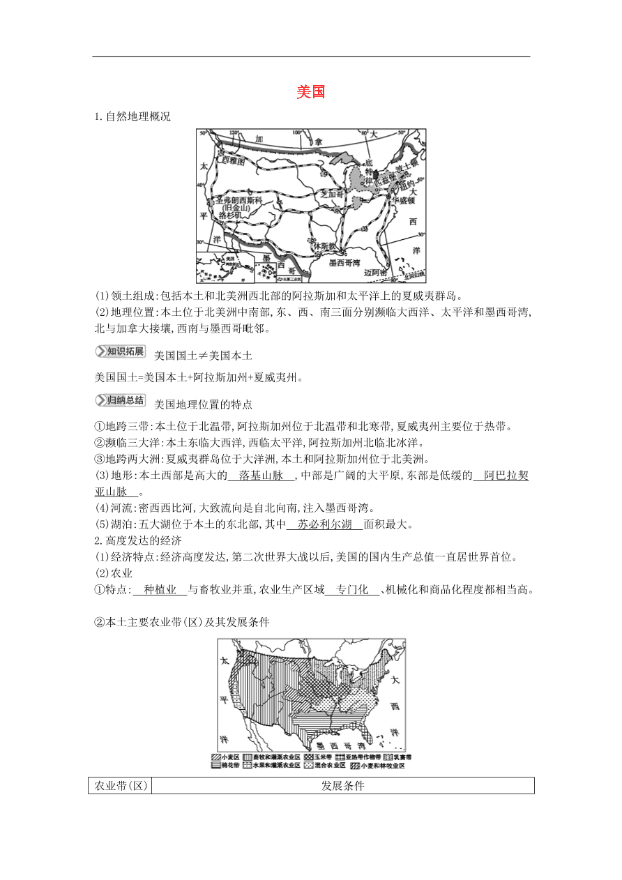 七年级地理下册第八章走进国家8.5美国知识点素材整理