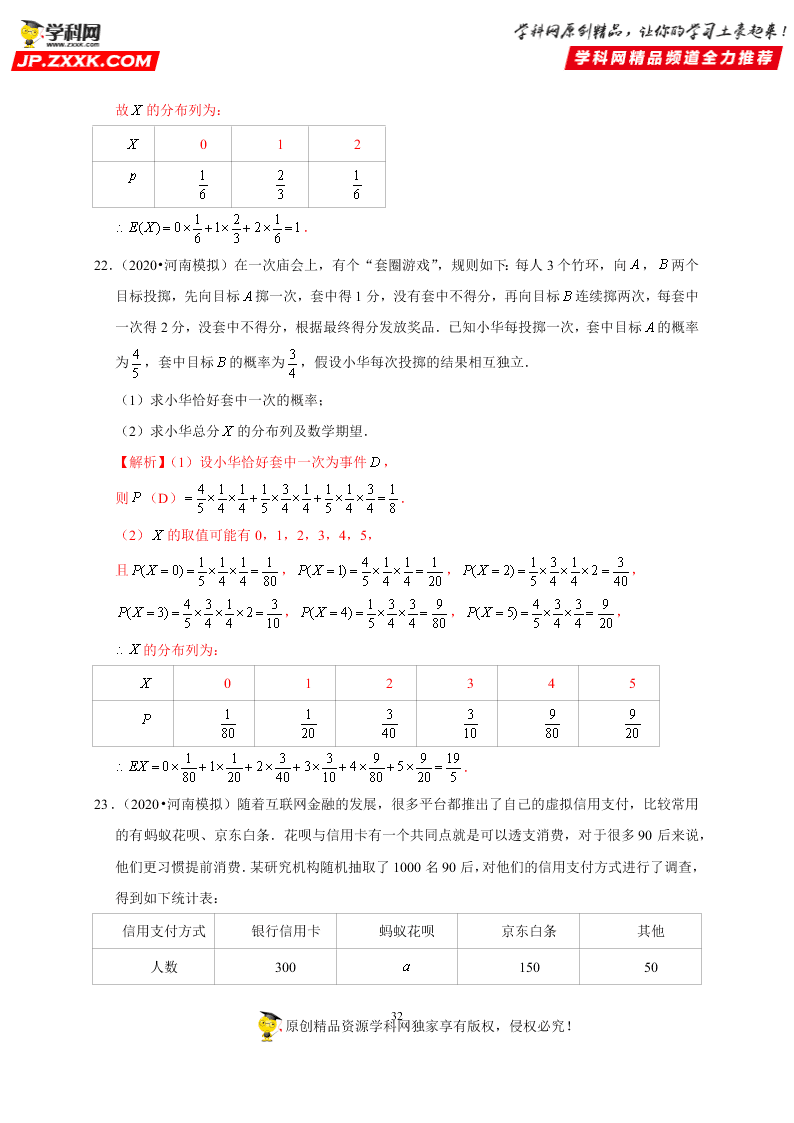 2020-2021学年高考数学（理）考点：离散型随机变量的分布列、均值与方差