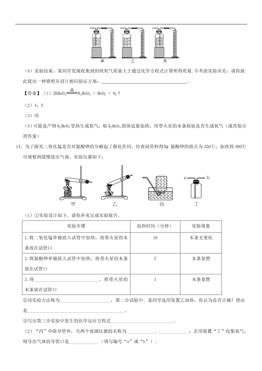 中考化学重要考点复习 氧气的制取练习卷