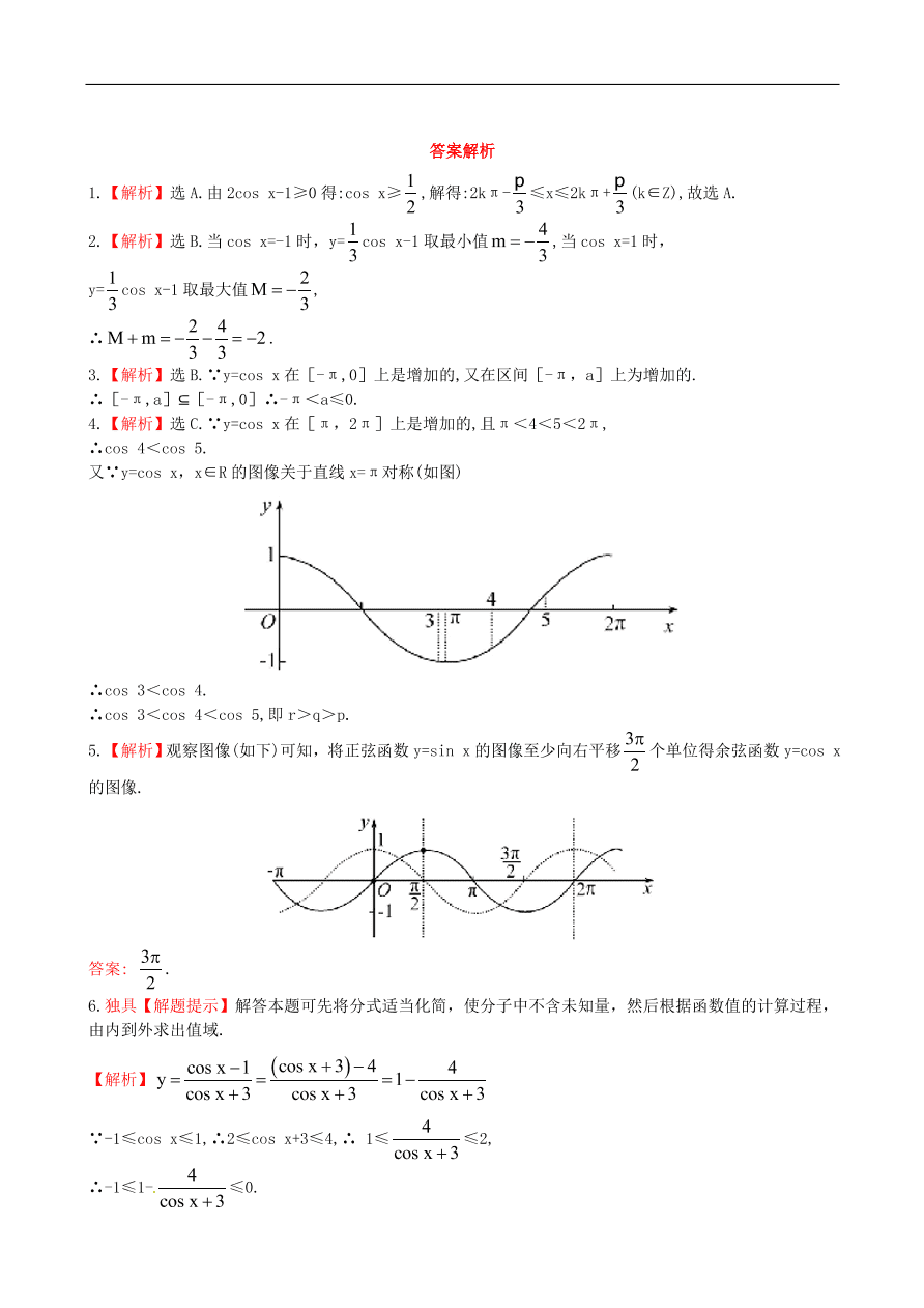 北师大版高二数学必修4《1.6余弦函数的图像和性质》同步测试卷及答案