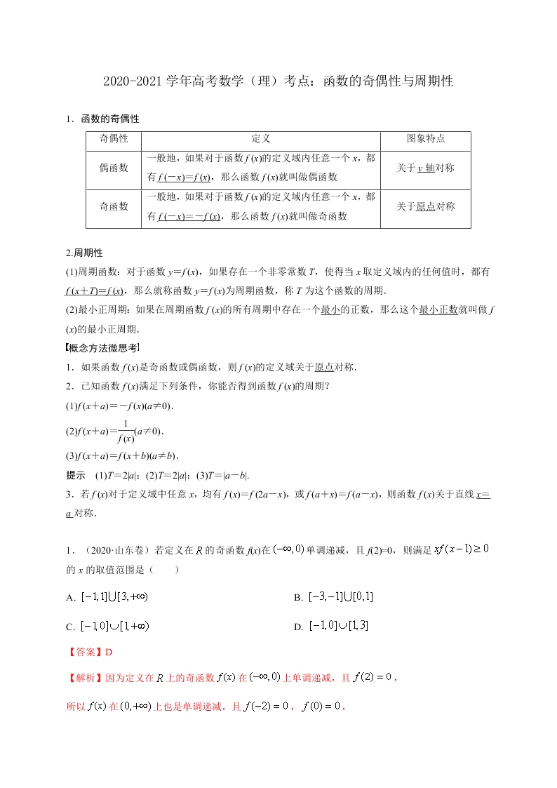 2020-2021学年高考数学（理）考点：函数的奇偶性与周期性