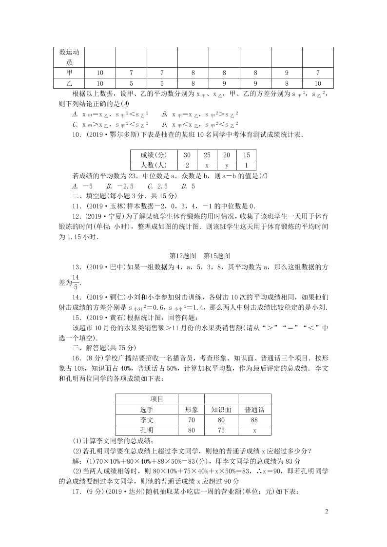 八年级数学上册第六章数据的分析检测题2（北师大版）