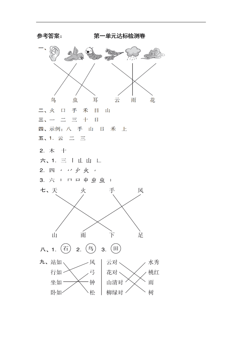 部编版一年级上册语文第一单元试卷（图片版）