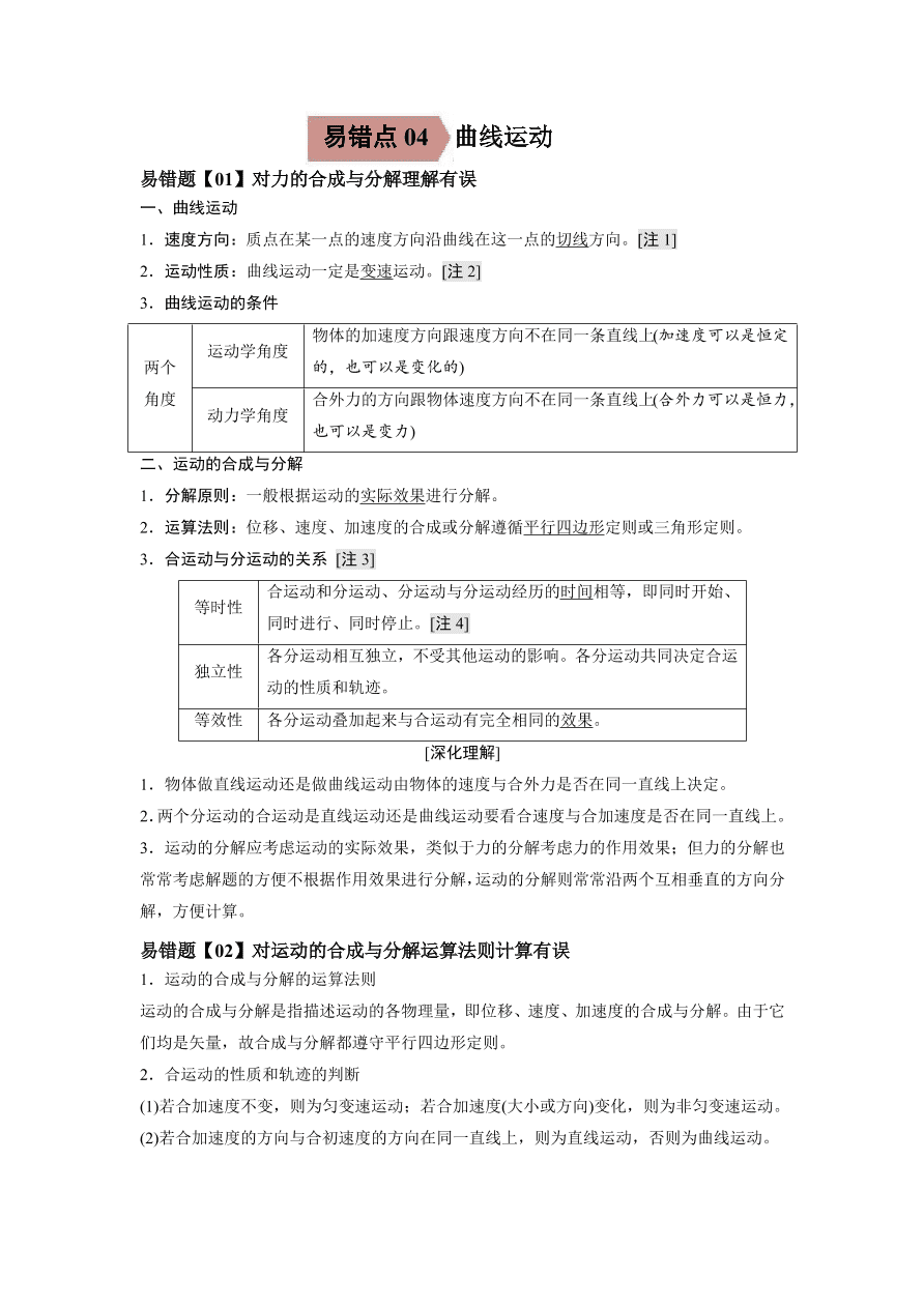 2020-2021学年高三物理一轮复习易错题04 曲线运动