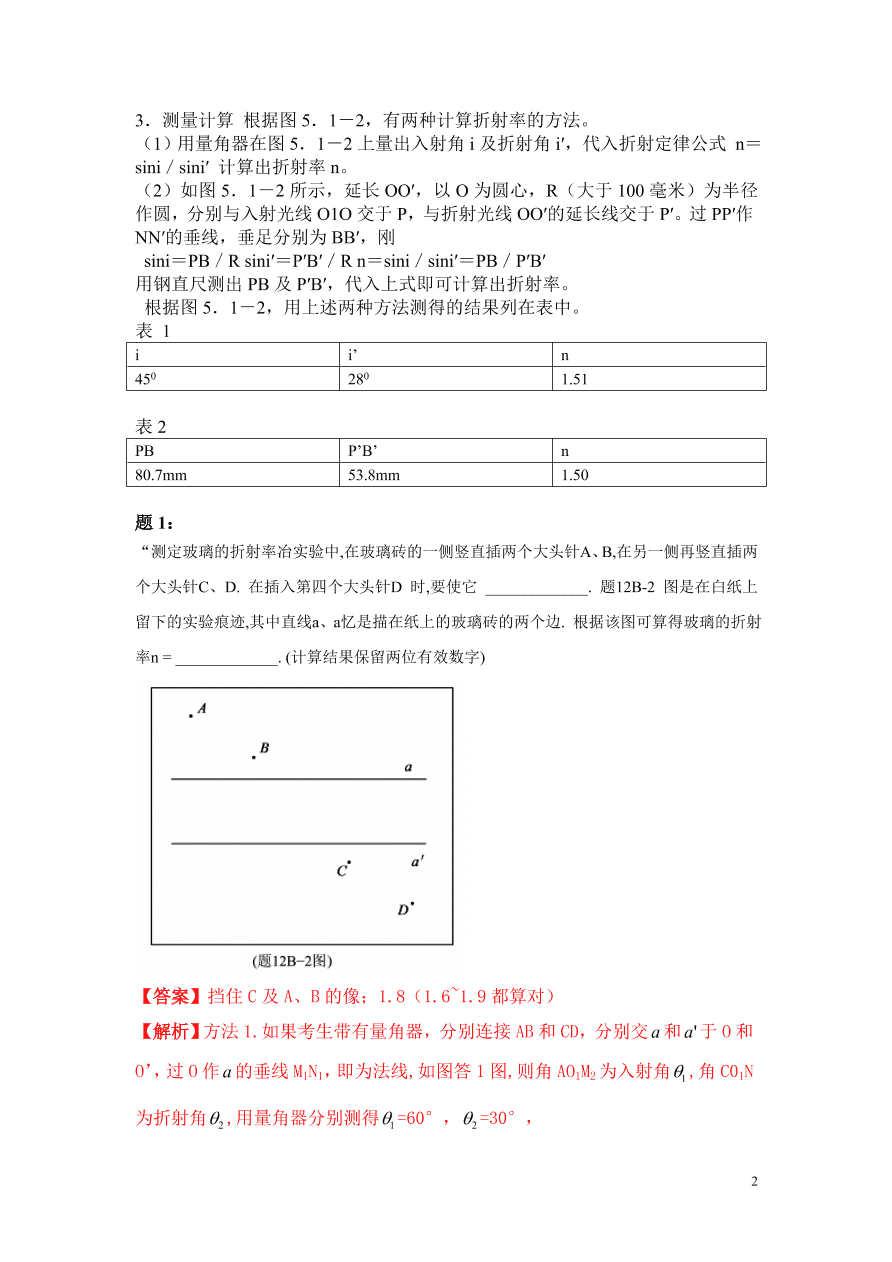 2020-2021年高考物理实验方法：插针法测玻璃折射率