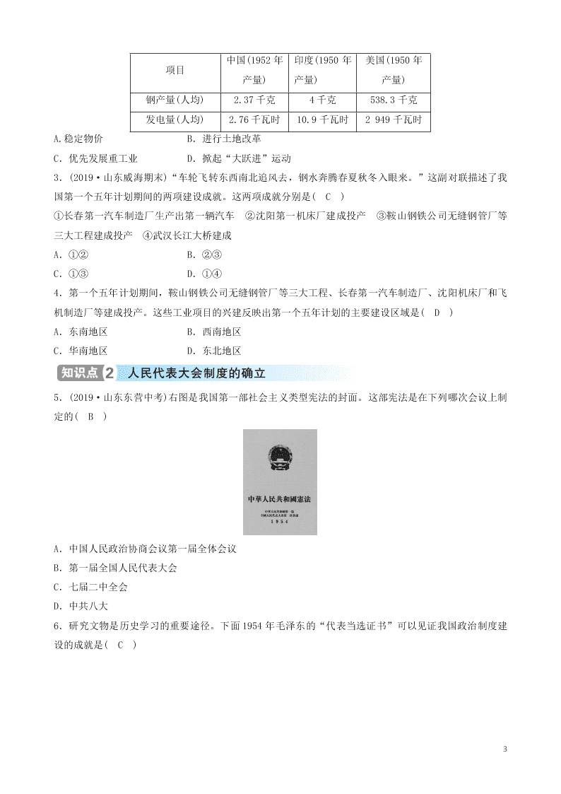 八年级历史下册第4课工业化的起步和人民代表大会制度的确立精品练习（含答案部编人教版）