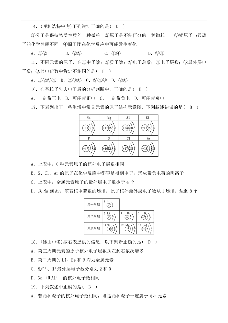 九年级化学上册单元测试 第3单元 物质构成的奥秘 2（含答案）