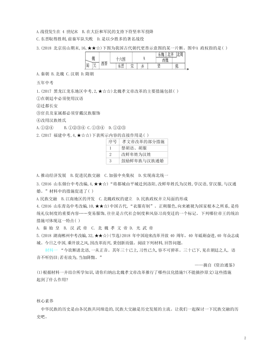 七年级历史上册第四单元三国两晋南北朝时期：政权分立与民族交融第19课北魏政治和北方民族大交融资源拓展试题（含解析）