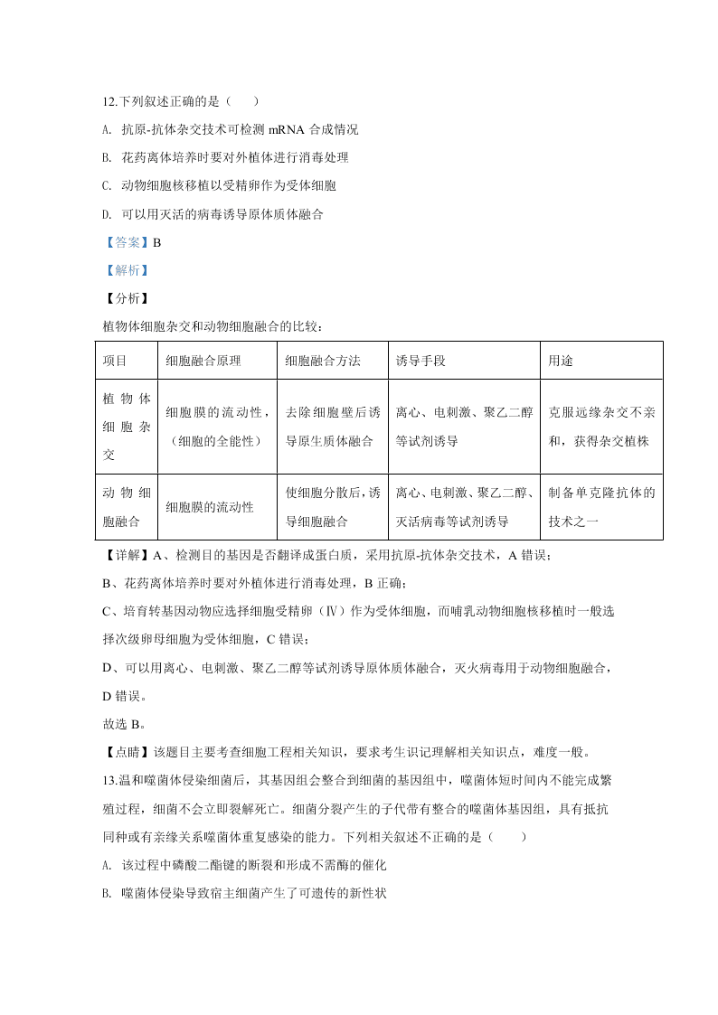 北京市朝阳区2020届高三生物二模试题（Word版附解析）