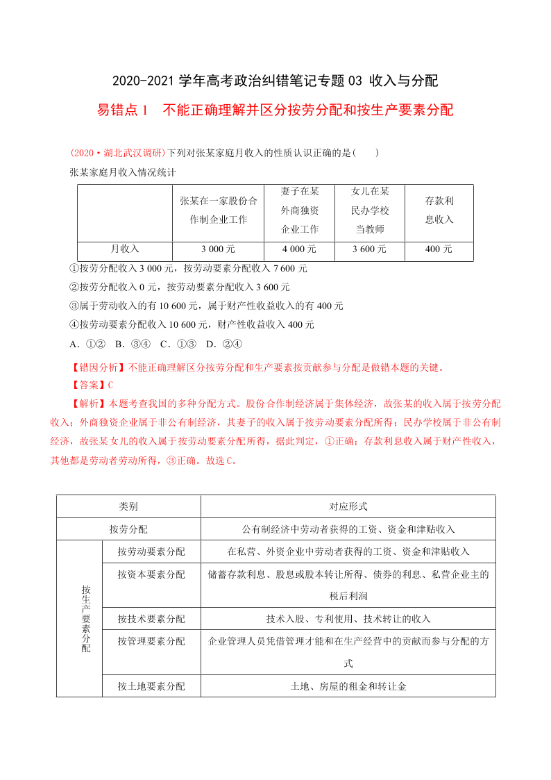 2020-2021学年高考政治纠错笔记专题03 收入与分配