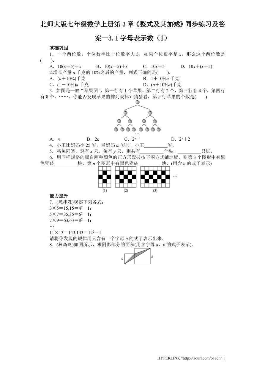 北师大版七年级数学上册第3章《整式及其加减》同步练习及答案—3.1字母表示数（1）