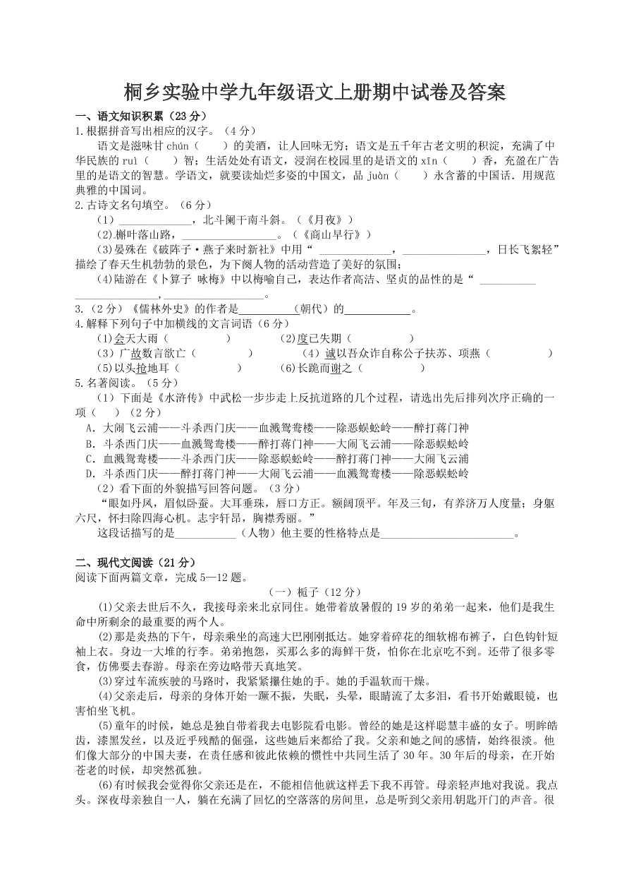 桐乡实验中学九年级语文上册期中试卷及答案