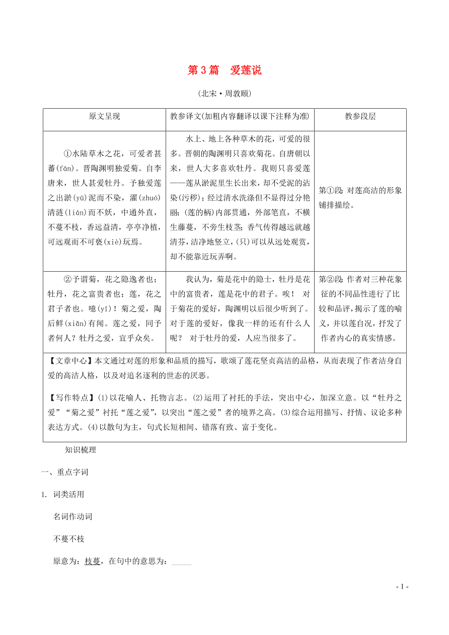 中考语文专题复习精炼课内文言文阅读第3篇爱莲说（含答案）