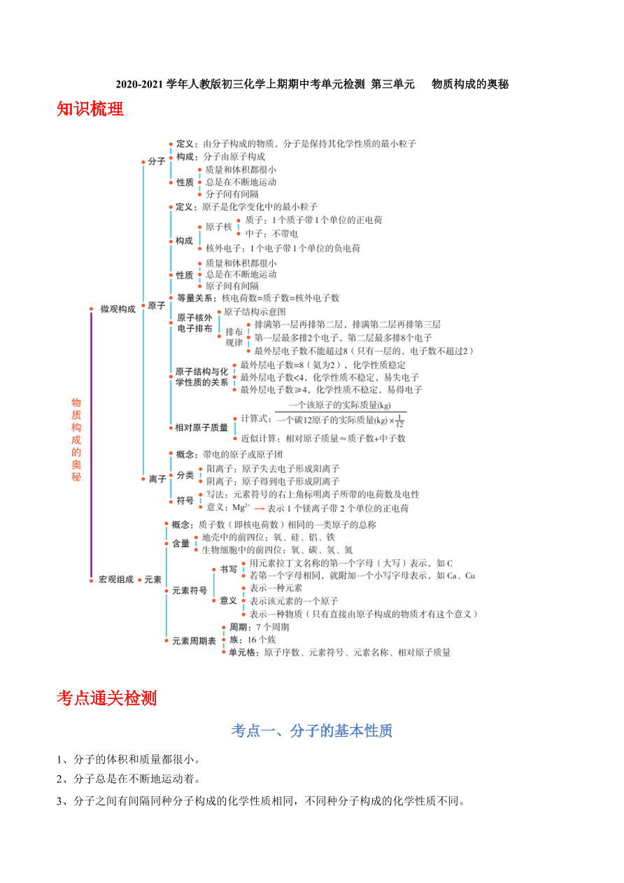 2020-2021学年人教版初三化学上期期中考单元检测 第三单元   物质构成的奥秘