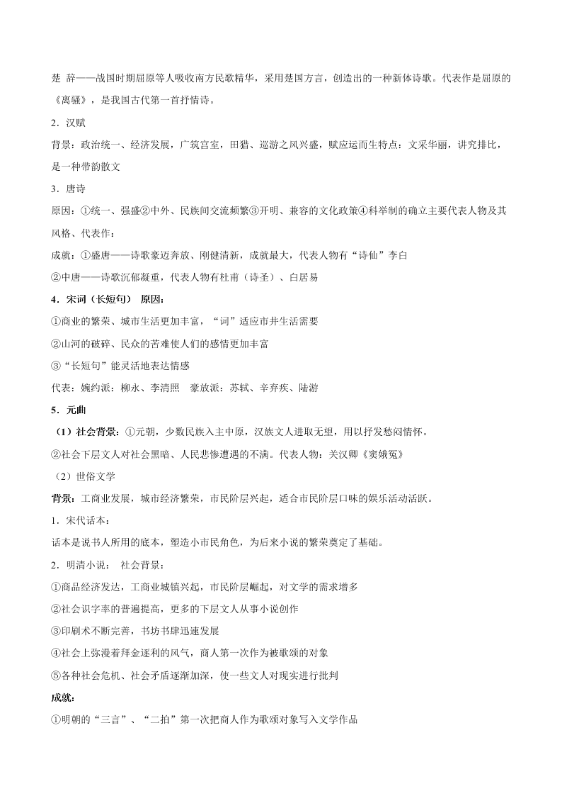 2020-2021学年高三历史一轮复习必背知识点 专题四 古代中国的科学技术与文学艺术