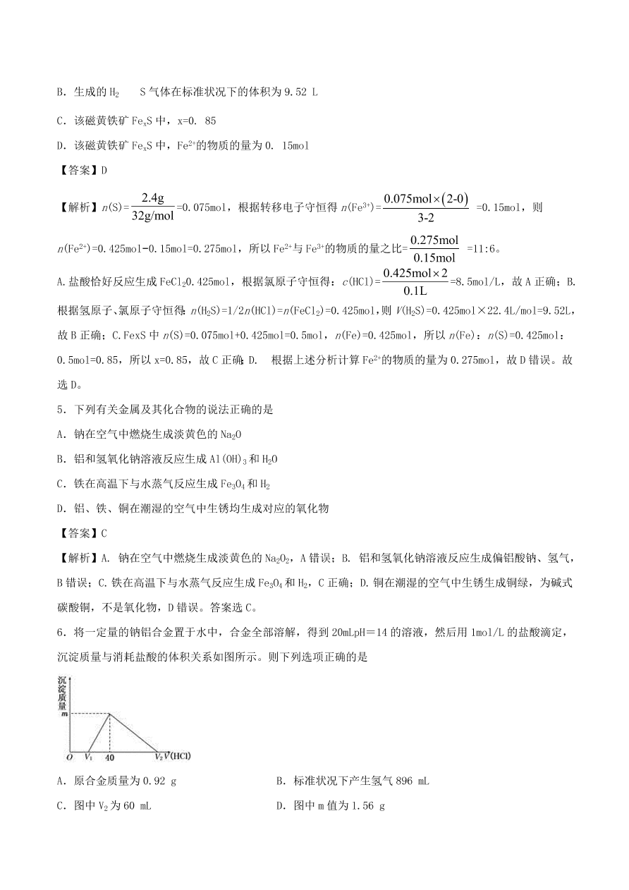 2020-2021年高考化学精选考点突破08 典型金属元素及其化合物