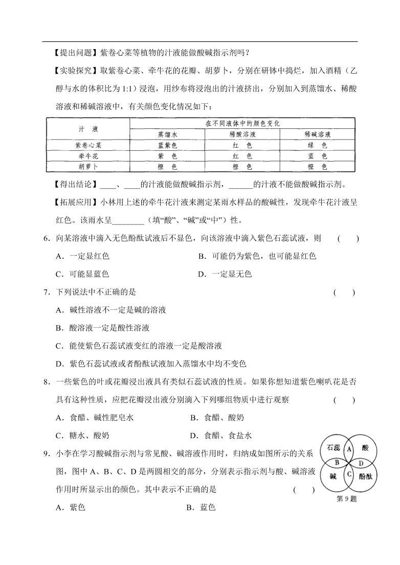 九年级化学专题复习   溶液的酸碱性 练习