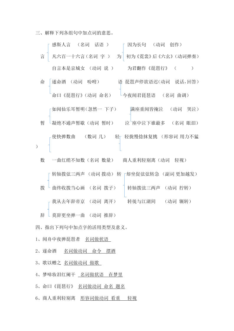 统编版高一语文必修上《琵琶行并序》汇总性基础练习（含答案）