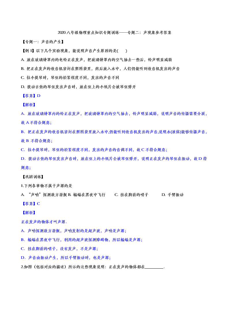 2020人教版初二物理重点知识专题训练：声现象