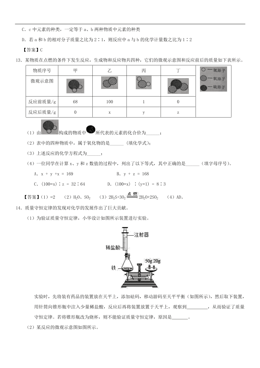 中考化学重要考点复习 质量守恒定律练习卷