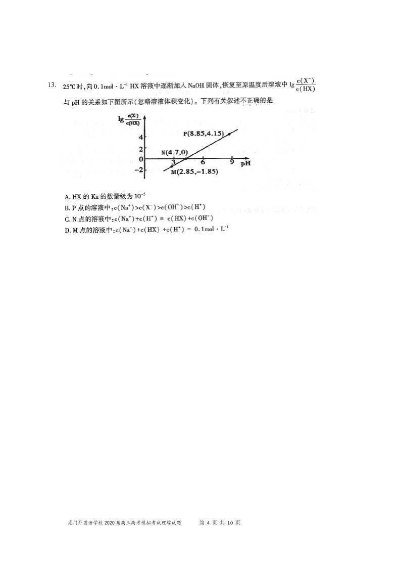 福建省厦门外国语学校2020届高三化学下学期最后一次模拟试题（Word版附答案）