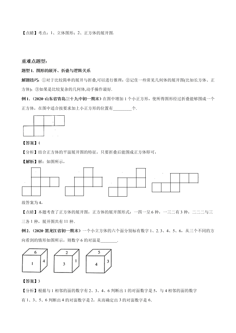 2020-2021学年人教版初一数学上学期高频考点01 三视图与展开折叠