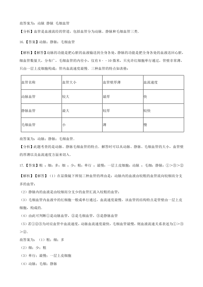 新人教版七年级生物下册第四单元第四章第二节血流的管道-血管  同步练习 （答案）