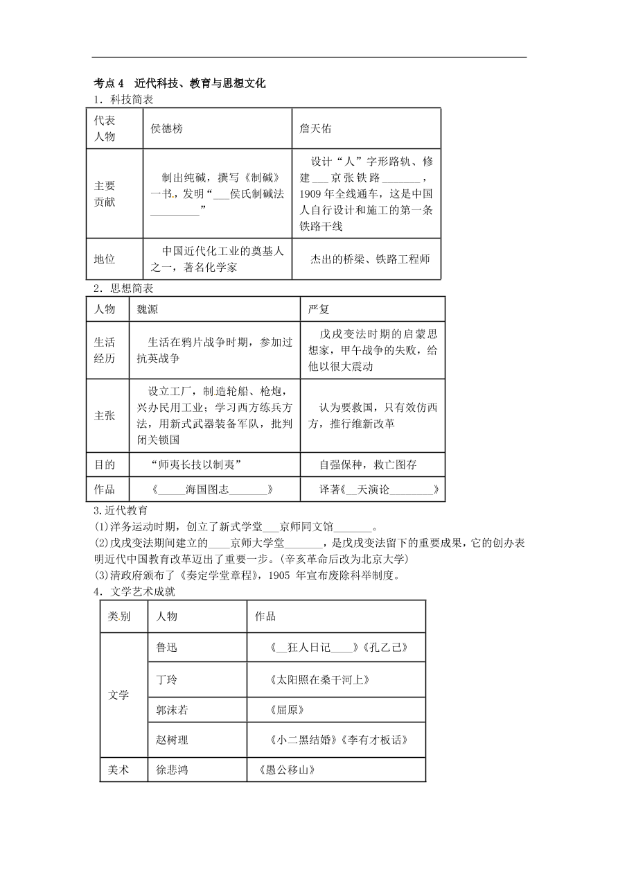 中考历史专题考点聚焦 第10课时-中国近代经济和社会生活、科技教育与思想文化