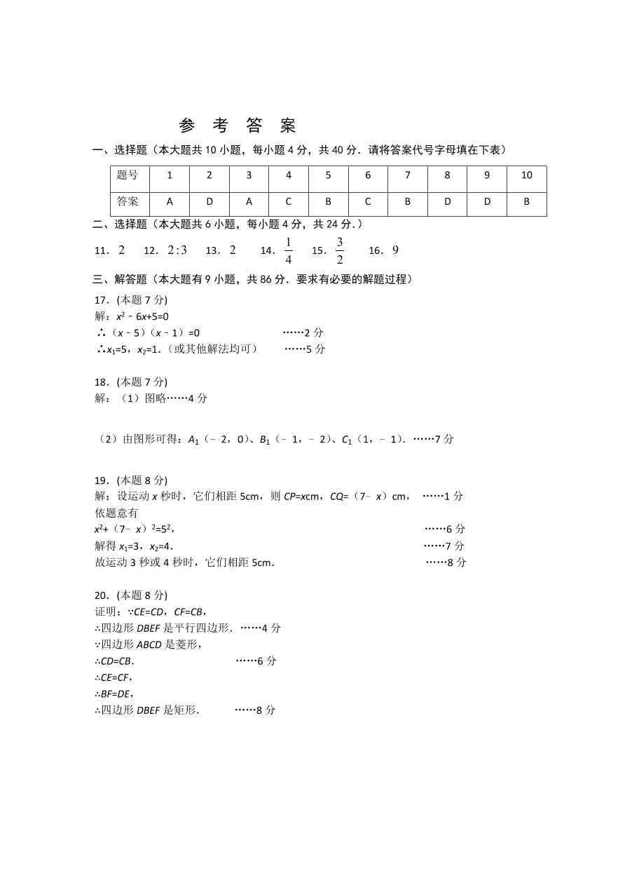 寿宁县九年级数学上册期中测试卷及参考答案