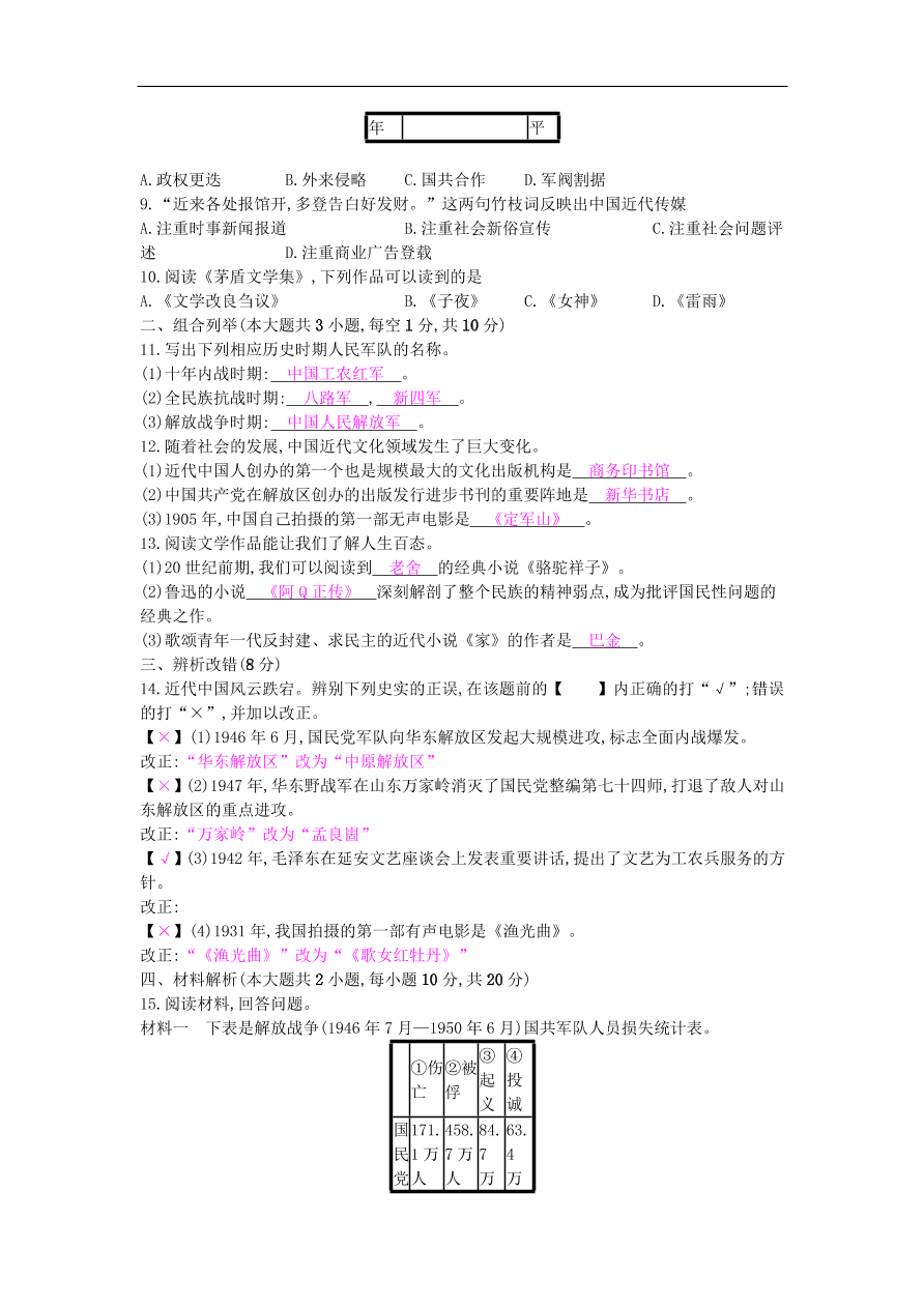 新人教版 八年级历史上册第七八单元检测卷（含答案）