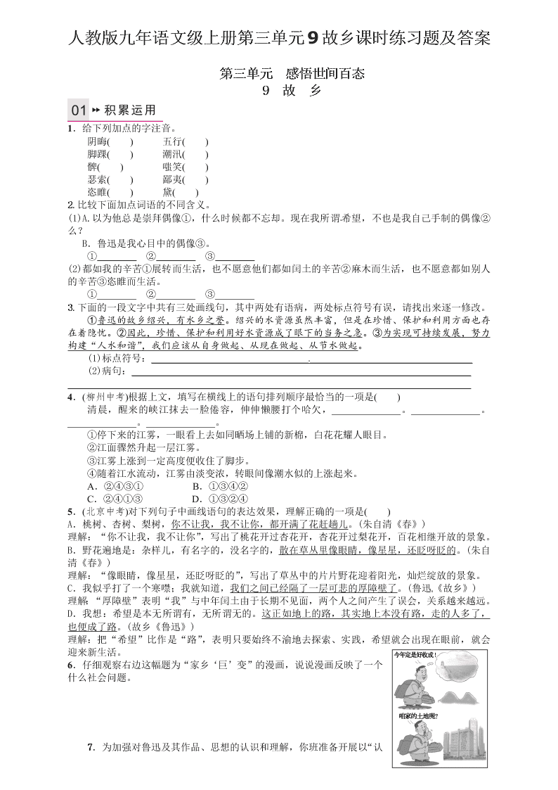 人教版九年语文级上册第三单元9故乡课时练习题及答案