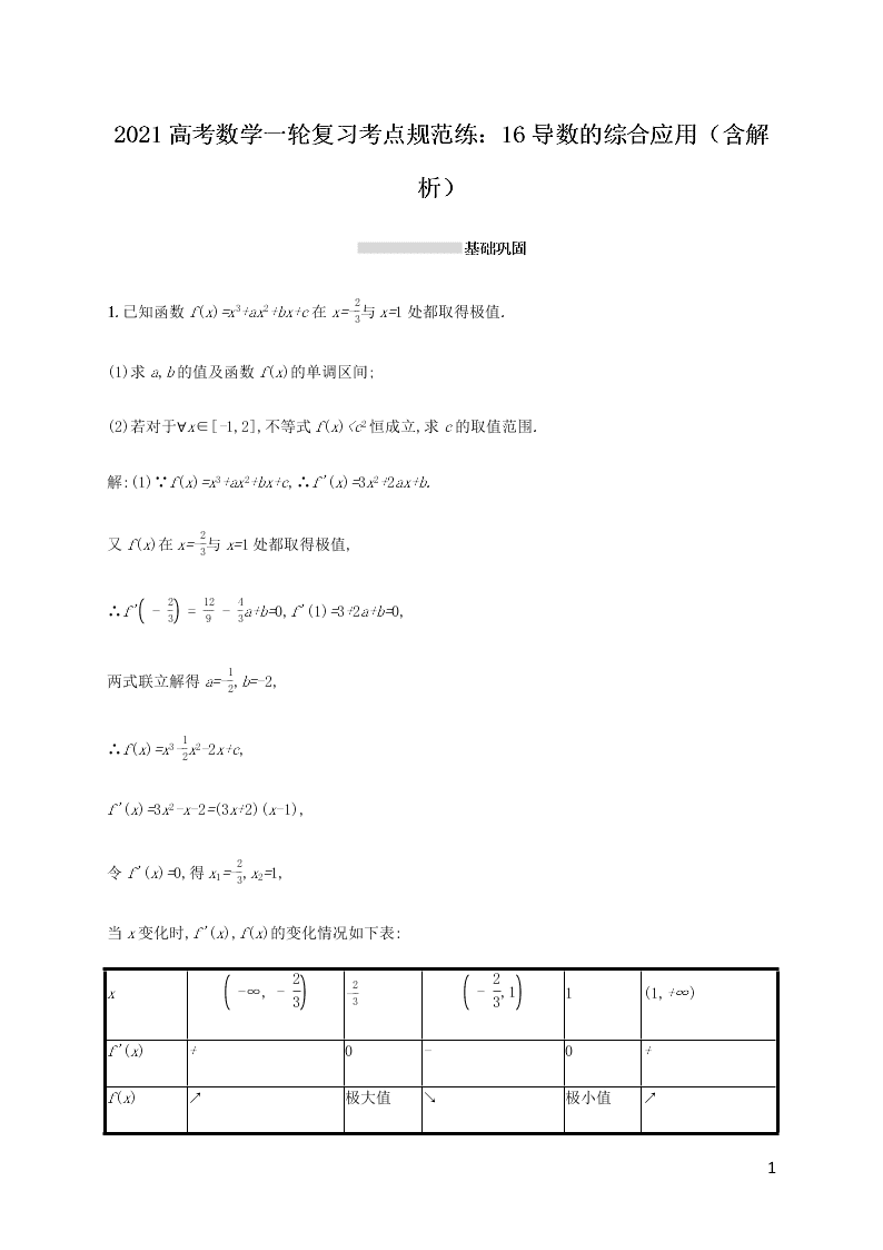 2021高考数学一轮复习考点规范练：16导数的综合应用（含解析）