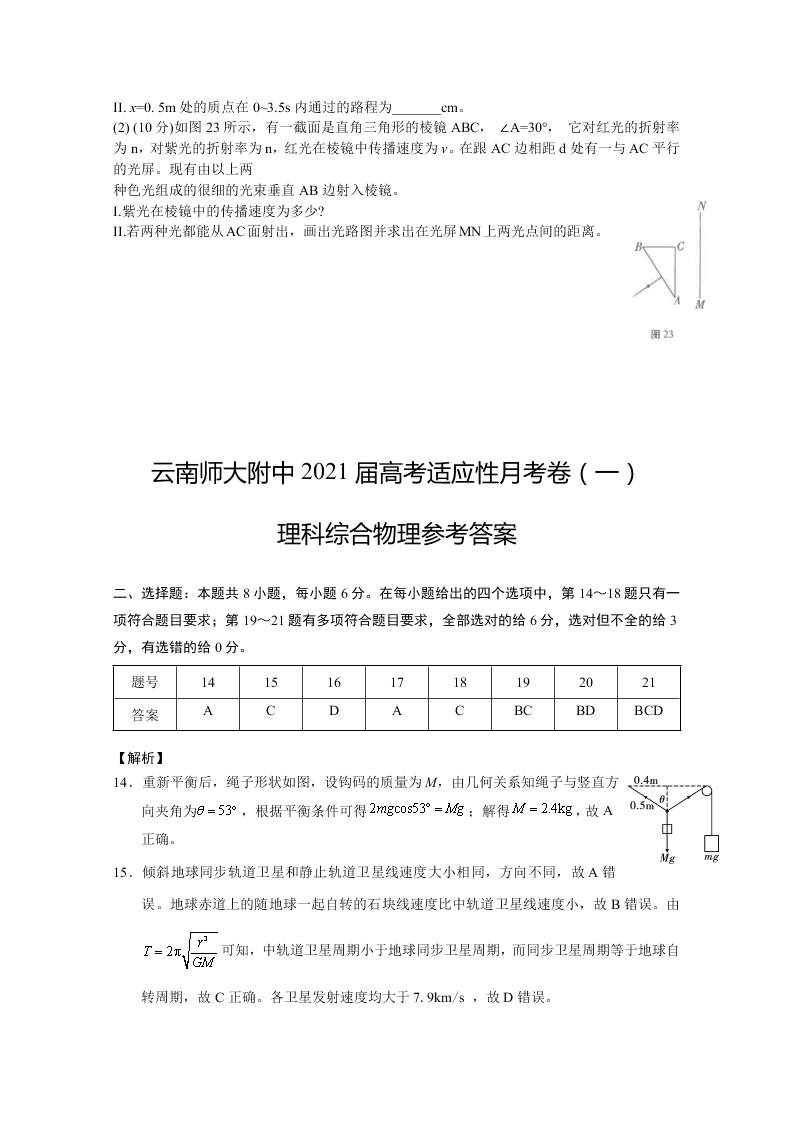 云南师范大学附属中学2021届高三物理高考适应性月考试卷（一）（Word版附答案）