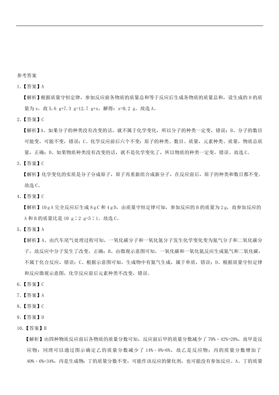 中考化学专题复习练习  质量守恒定律练习卷