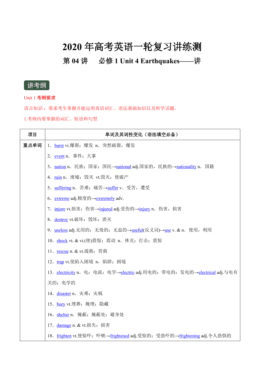 2020-2021学年高三英语一轮复习专题04 必修1 Unit 4 Earthquakes（讲）