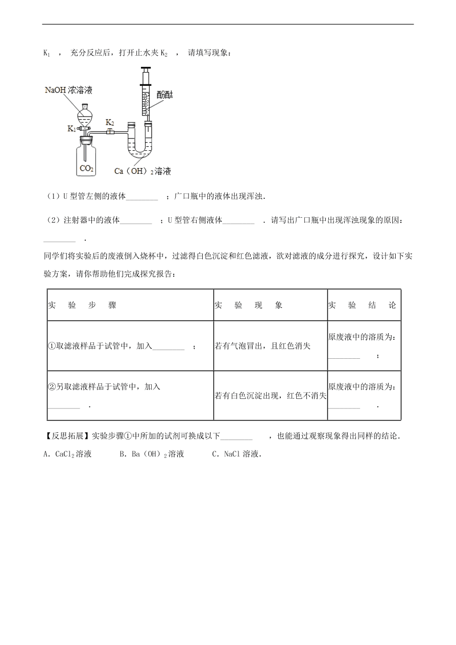 九年级化学下册专题复习 第七单元常见的酸和碱去探究酸和碱的化学性质练习题