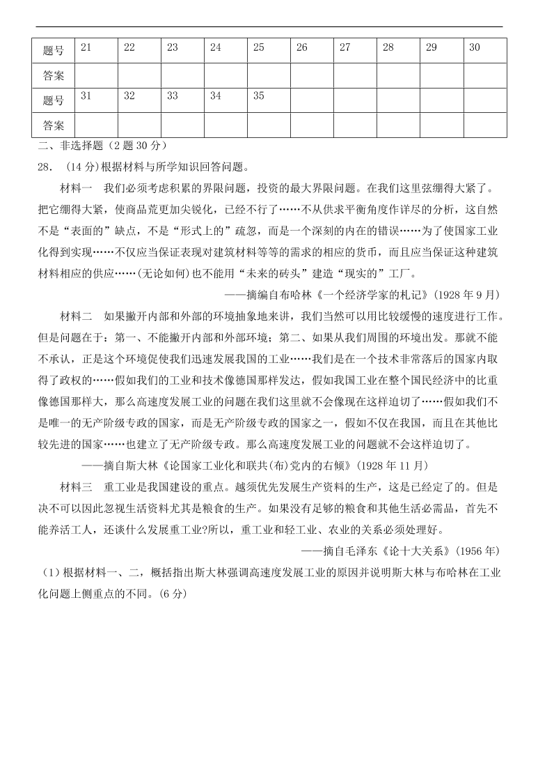 新人教版高中历史必修2 第七单元 苏联的社会主义建设单元测试1（含答案）