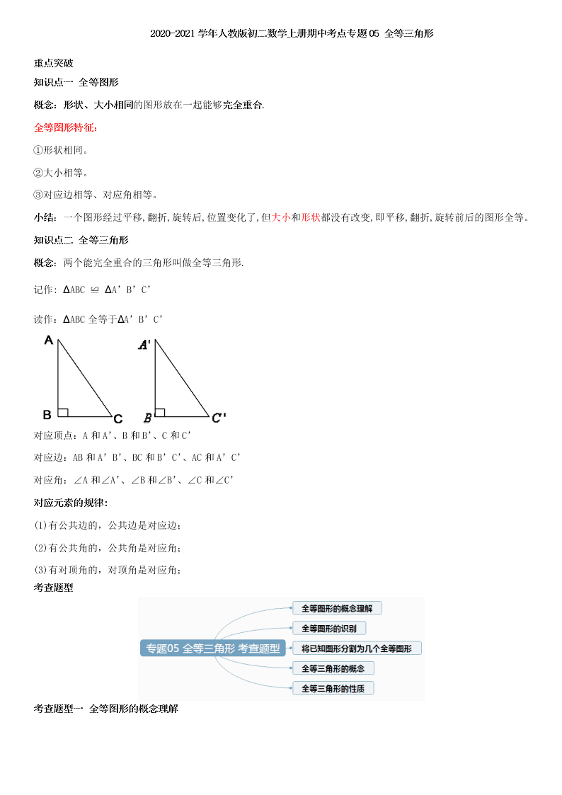 2020-2021学年人教版初二数学上册期中考点专题05 全等三角形