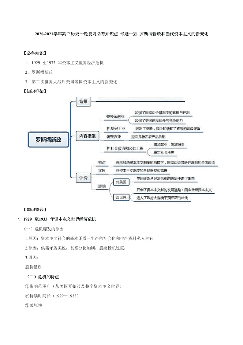 2020-2021学年高三历史一轮复习必背知识点 专题十五 罗斯福新政和当代资本主义的新变化