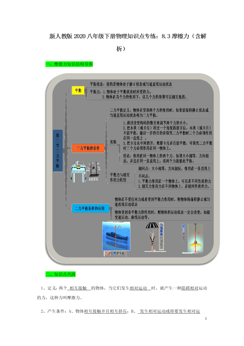 新人教版2020八年级下册物理知识点专练：8.3摩檫力（含解析）